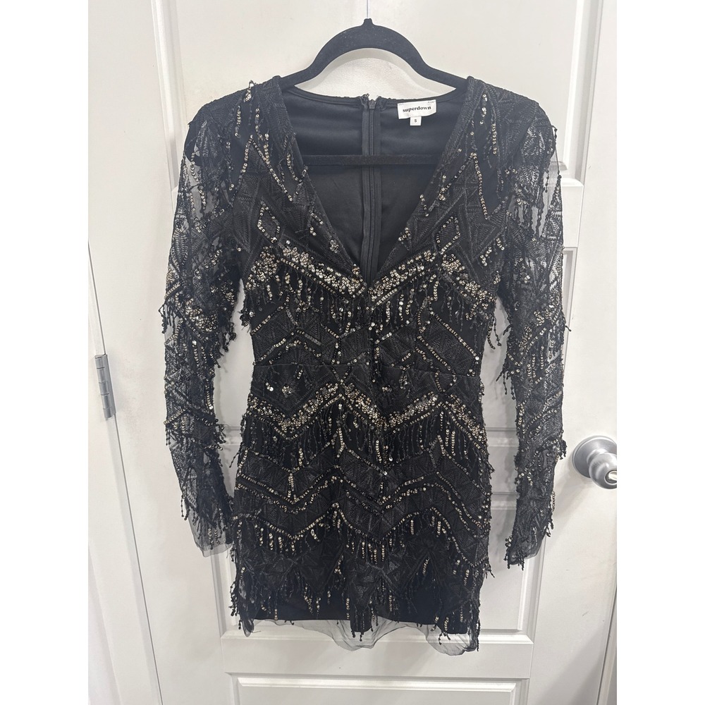 Superdown Black Sequin Fringe Mini Dress Long Sleeve V-Neck Bodycon Small